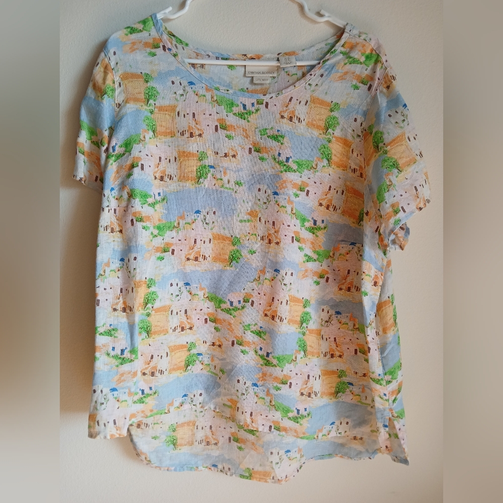 NWOT Cynthia Rowley Women's Blouse Size 1X 100% Linen Greek Island Print